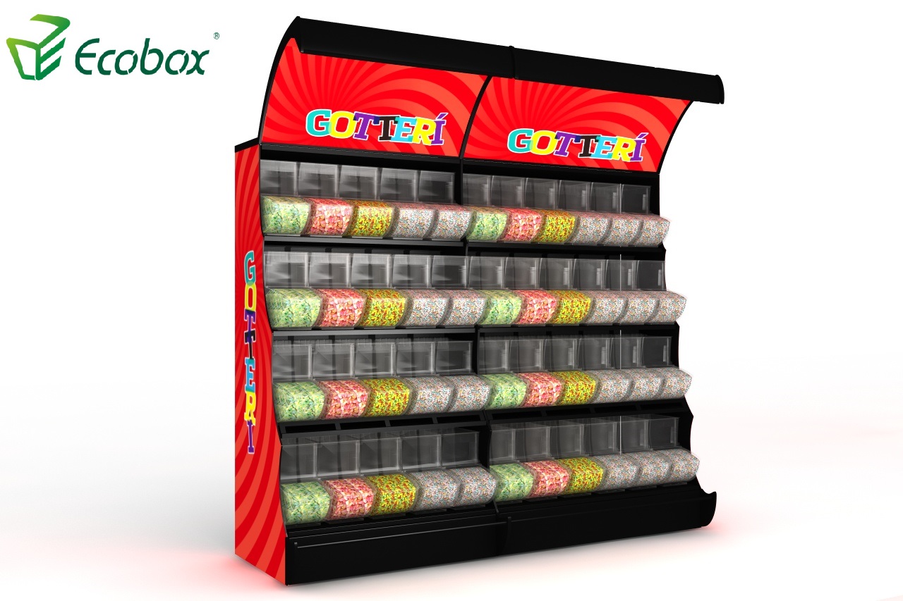 Ecobox TG-06101A Süßigkeitenregal aus Metall mit schwarzen Schaufelbehältern