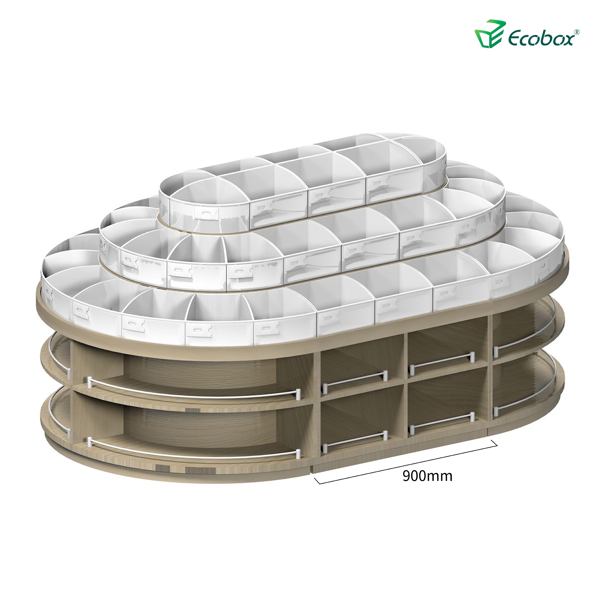 Rundes Regal der Ecobox G001-Serie mit Ecobox-Großbehältern für Supermärkte