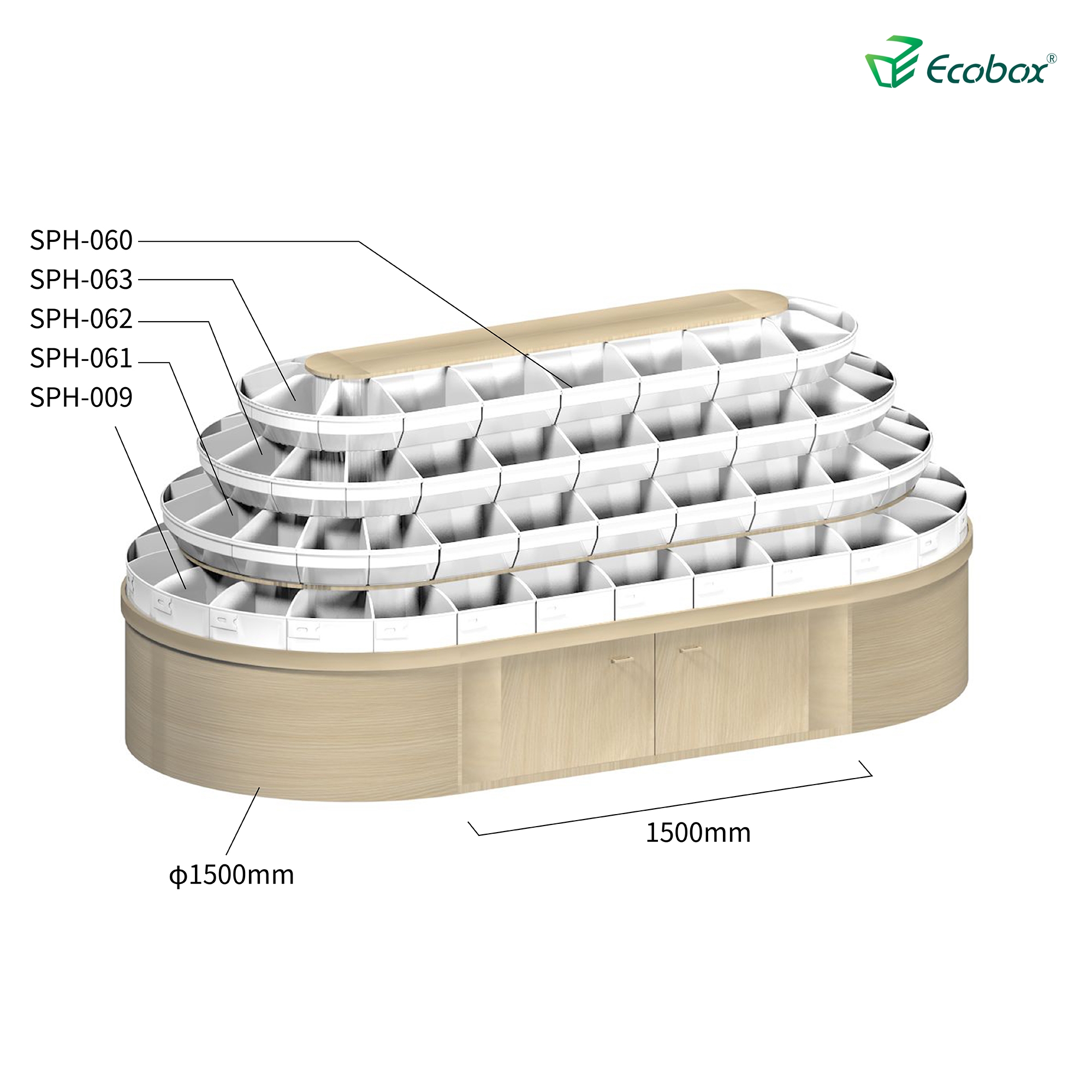 Rundes Regal der Ecobox G008-Serie mit Ecobox-Großbehältern für Supermärkte