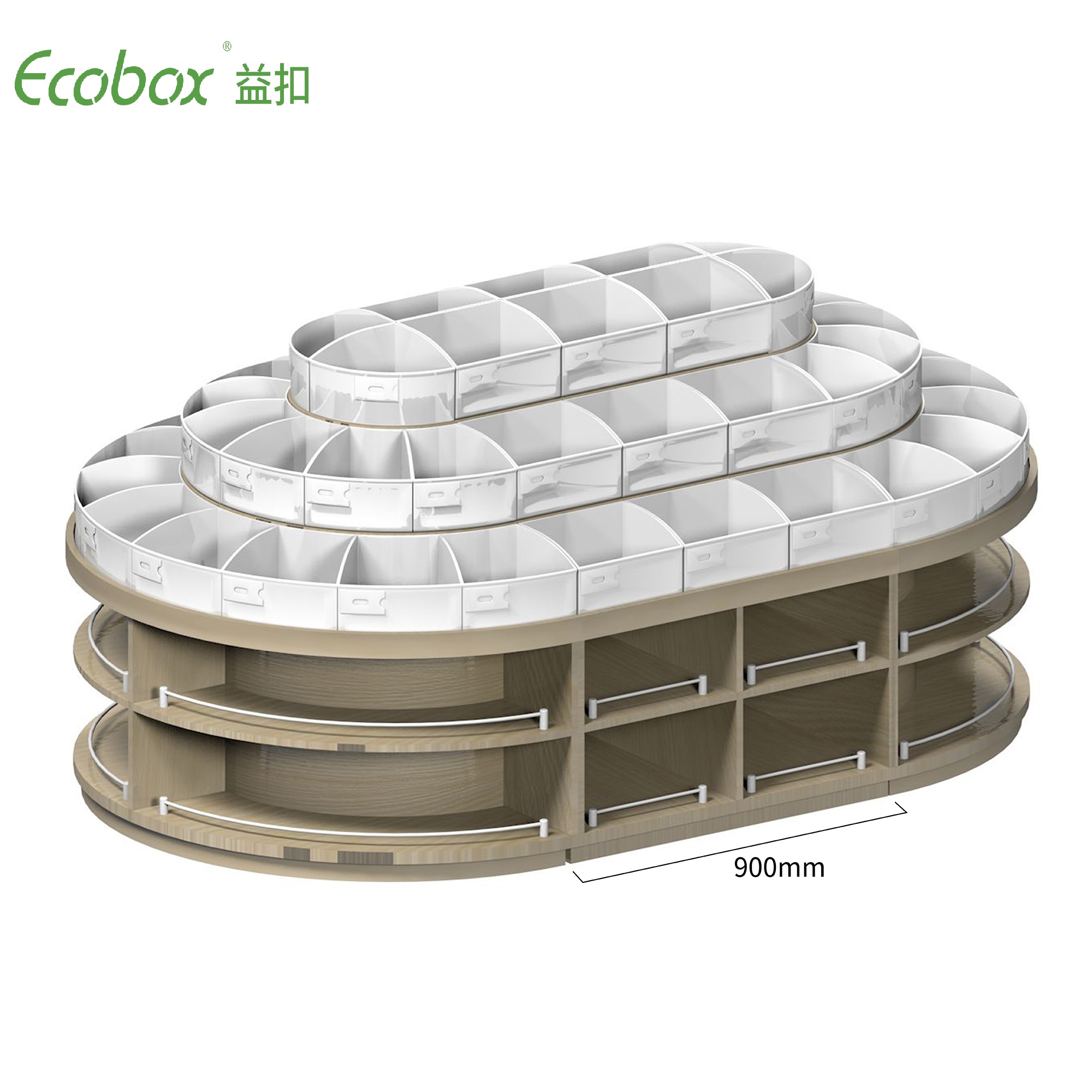 Rundes Regal der Ecobox G001-Serie mit Ecobox-Großbehältern für Supermarkt-Großlebensmitteldisplays