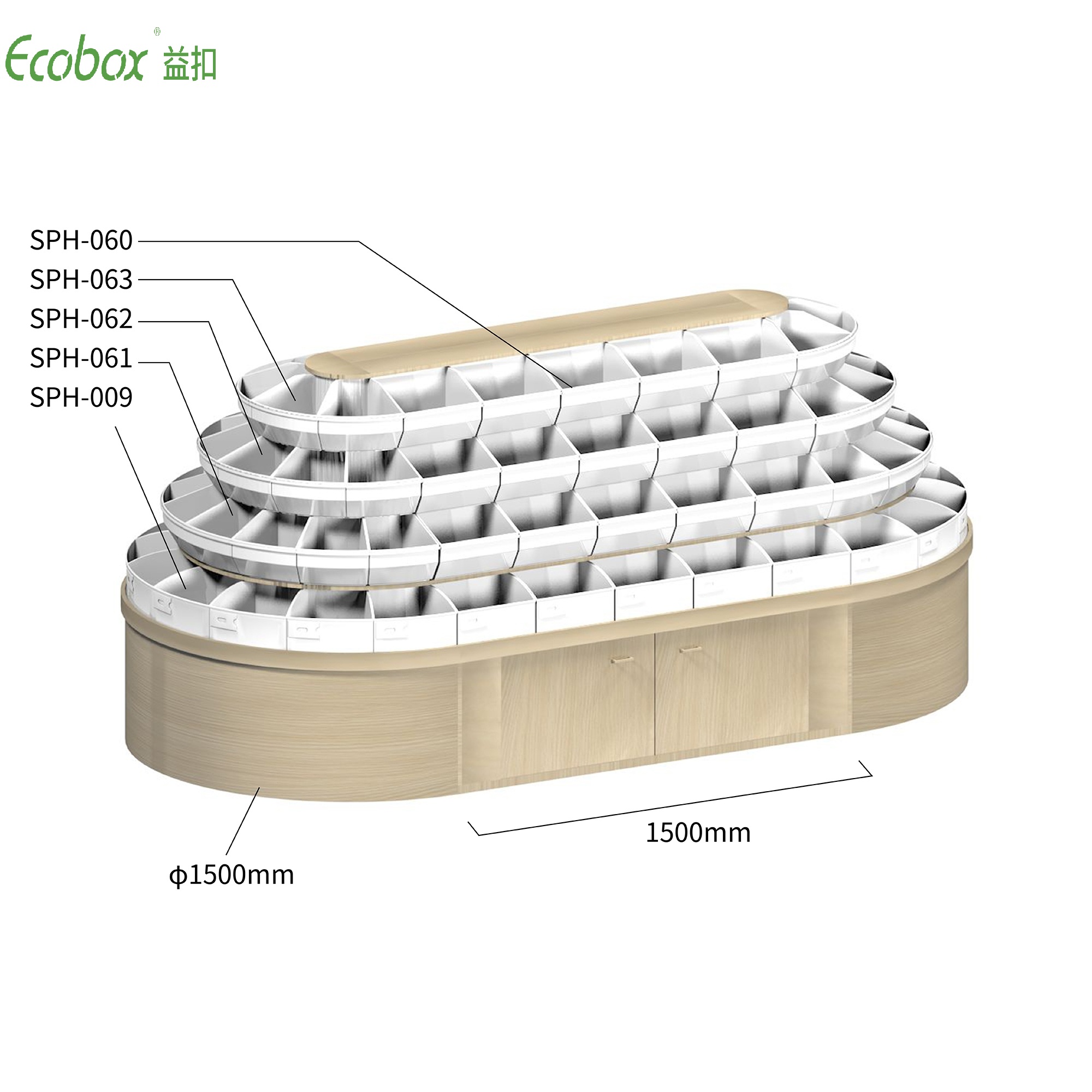 Rundes Regal der Ecobox G008-Serie mit Ecobox-Großbehältern für Supermarkt-Großlebensmitteldisplays