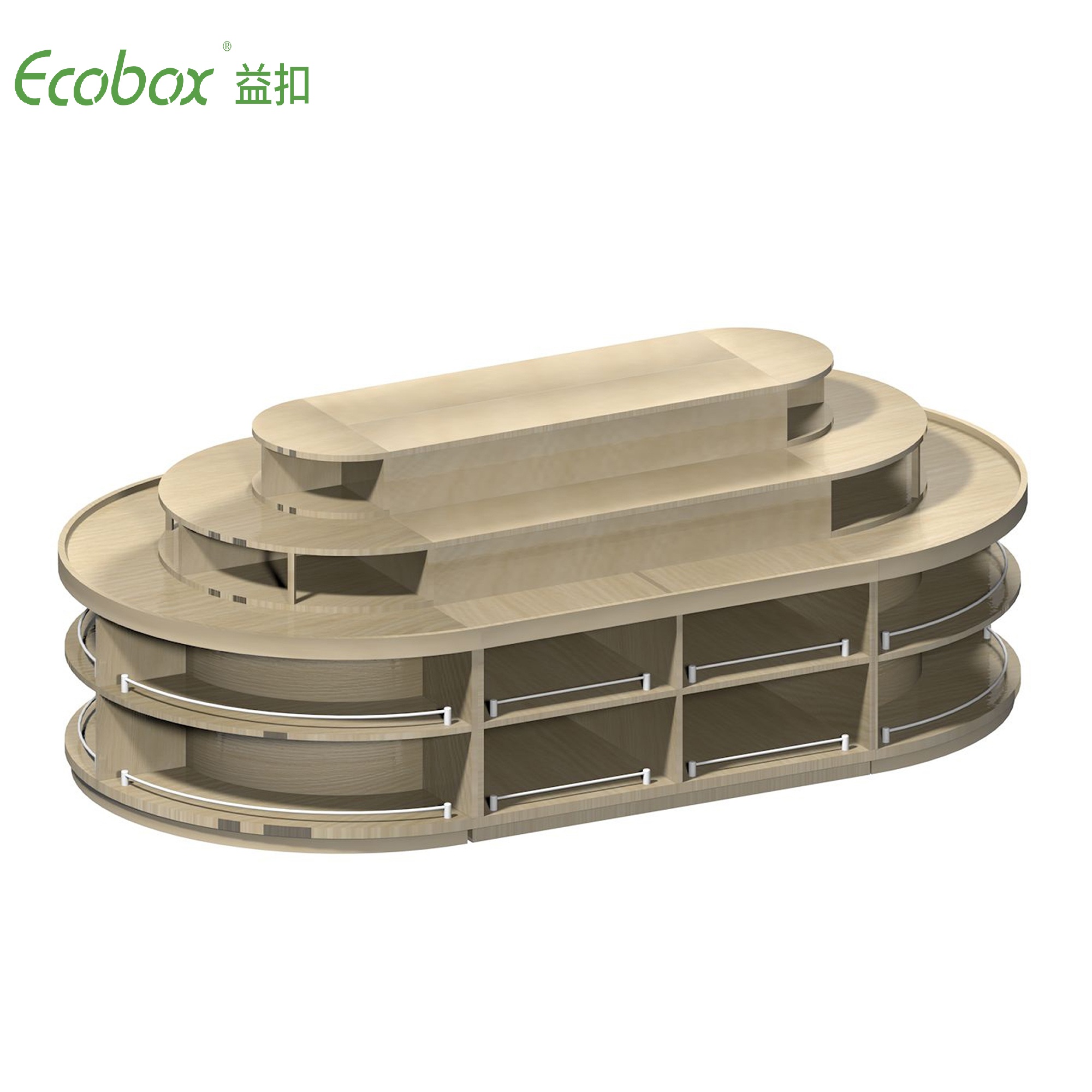 Rundes Regal der Ecobox G001-Serie mit Ecobox-Großbehältern für Supermarkt-Großlebensmitteldisplays