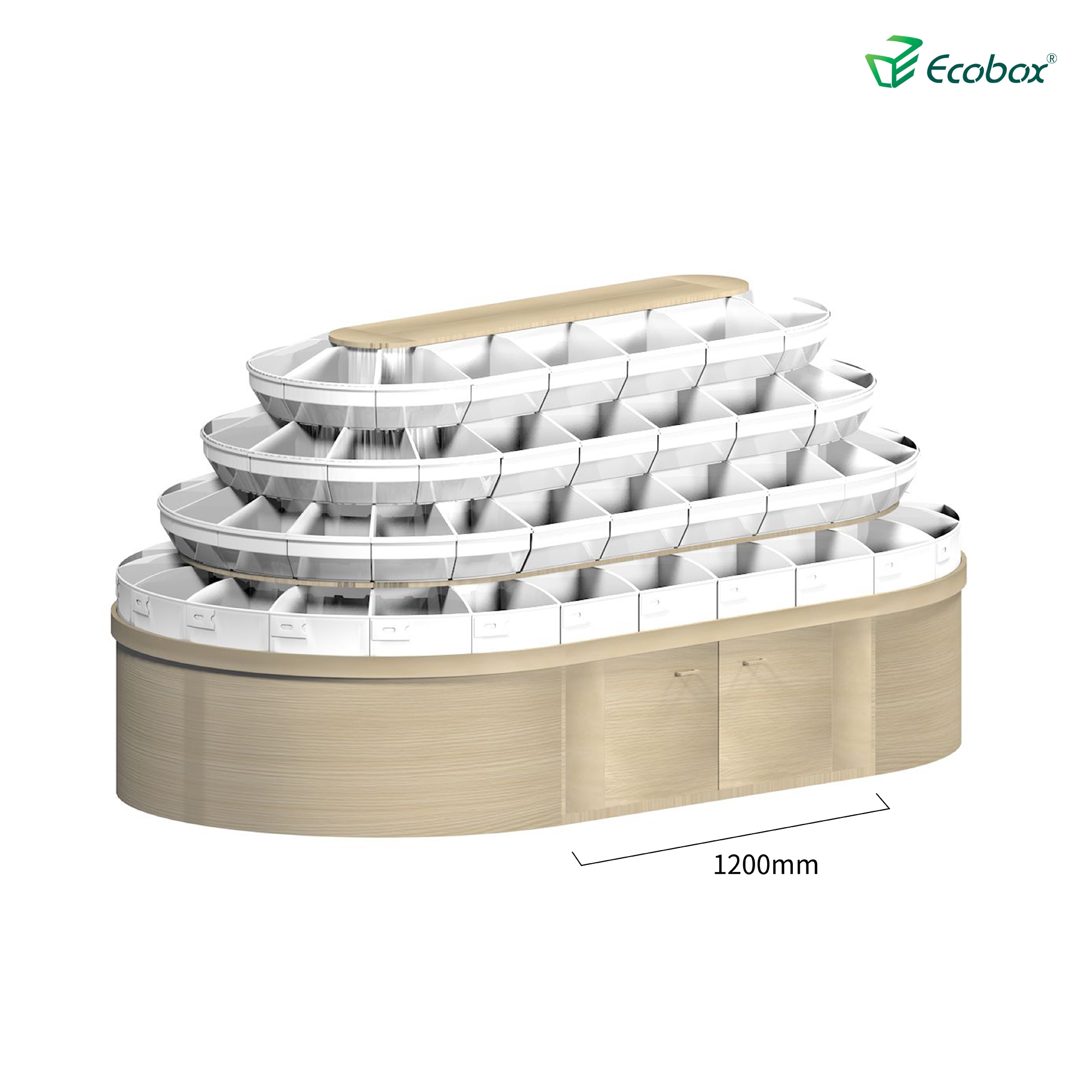 Rundes Regal der Ecobox G008-Serie mit Ecobox-Großbehältern für Supermärkte